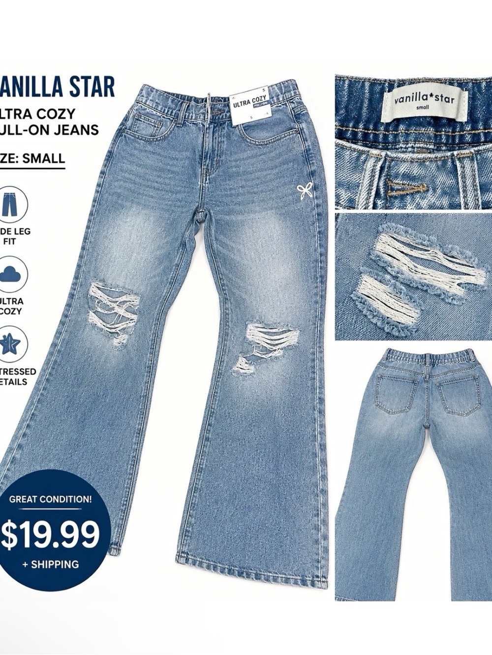 Vanilla Star Light Blue Distressed Flare Jeans
